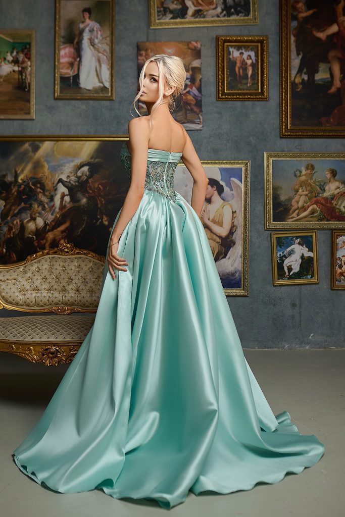 Soft Mint Strapless Floor Length Mikado Prom Dress with Beaded Bodice and High Slit Tina Holly TE706