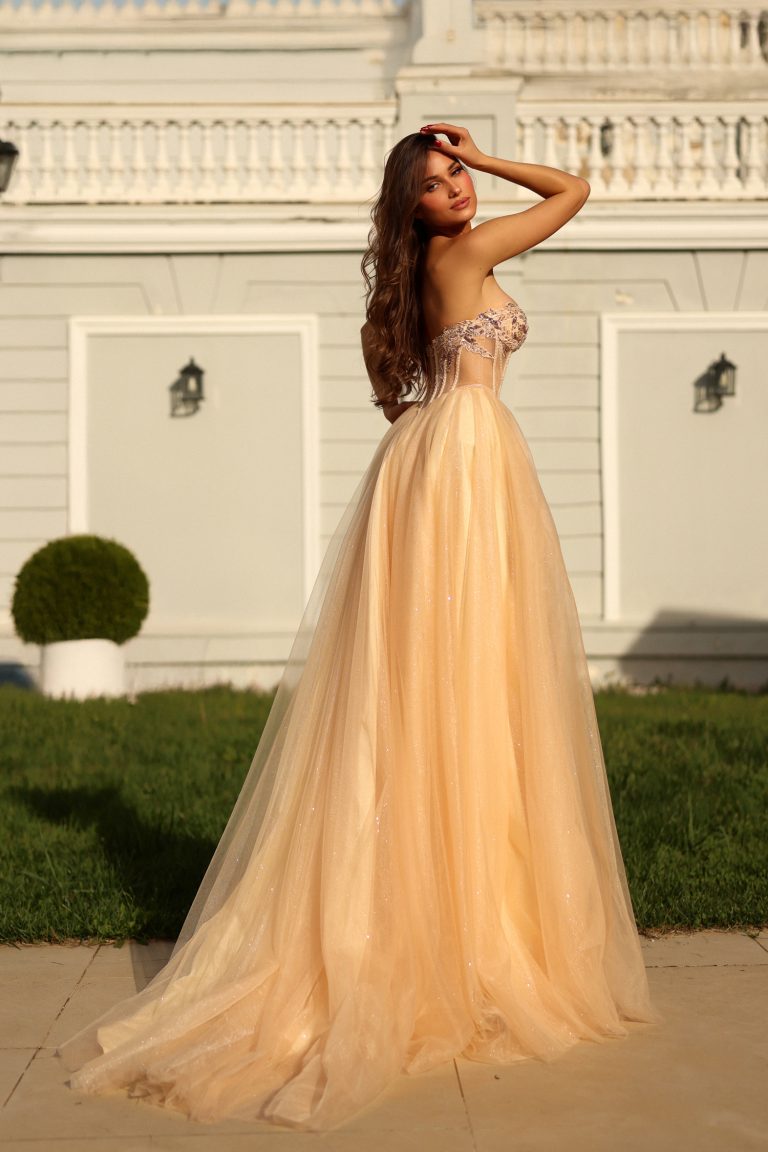 Champagne Strapless Floor-Length Tulle Prom Gown with Corset Back Formal Dress Tina Holly TE708