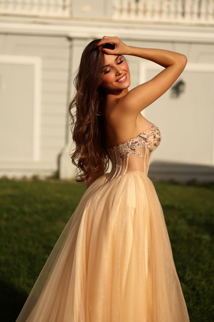 Champagne Strapless Floor-Length Tulle Prom Gown with Corset Back Formal Dress Tina Holly TE708