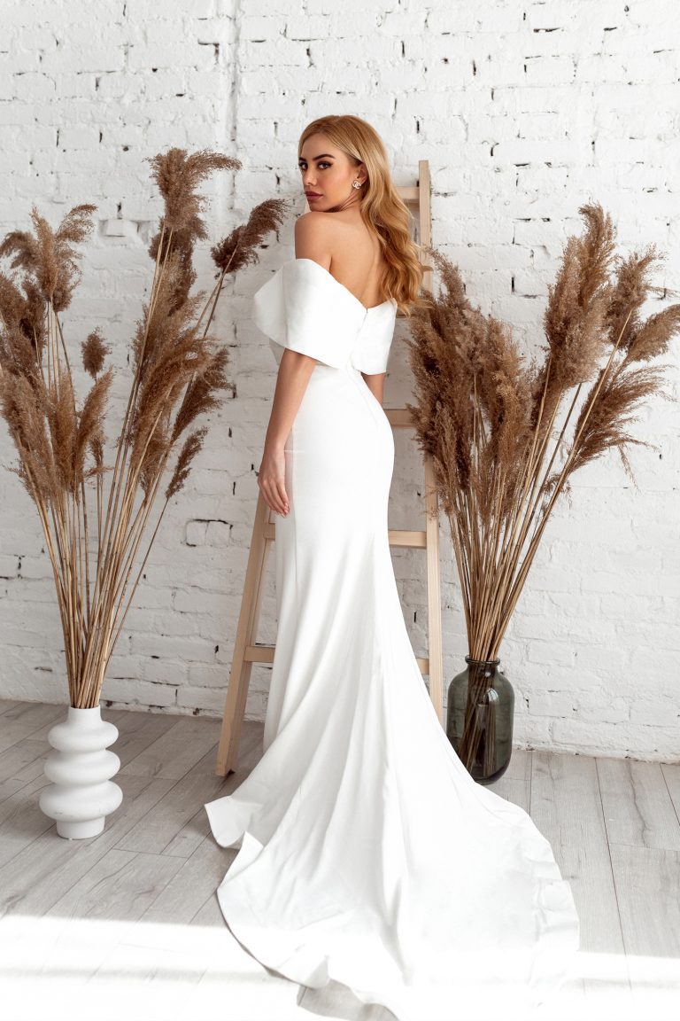 Off-the-Shoulder Floor-Length Crepe Wedding Mermaid Gown Tina Holly TK007W