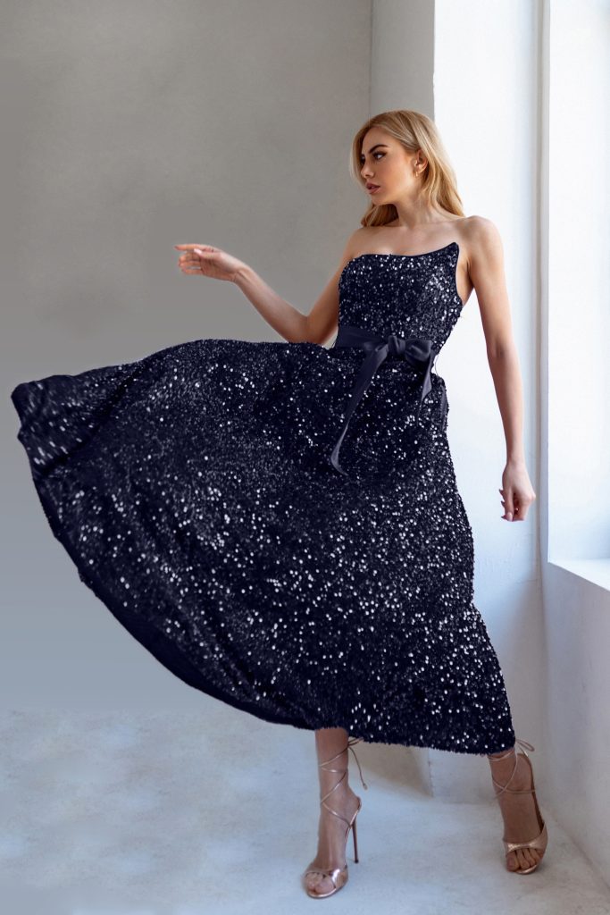 One-Shoulder Tea-Length Sequin Formal A-Line Dress - Tina Holly TYTK047