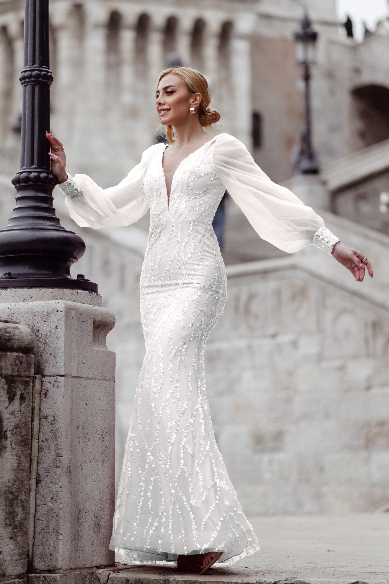 Prom Dresses Beaded Mermaid Long Formal Prom Dress White