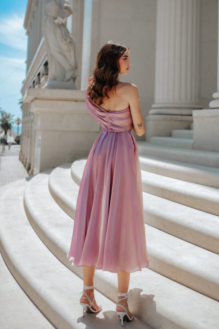 One-Shoulder Tea-Length Organza Formal A-Line Dress - Tina Holly TYTK315