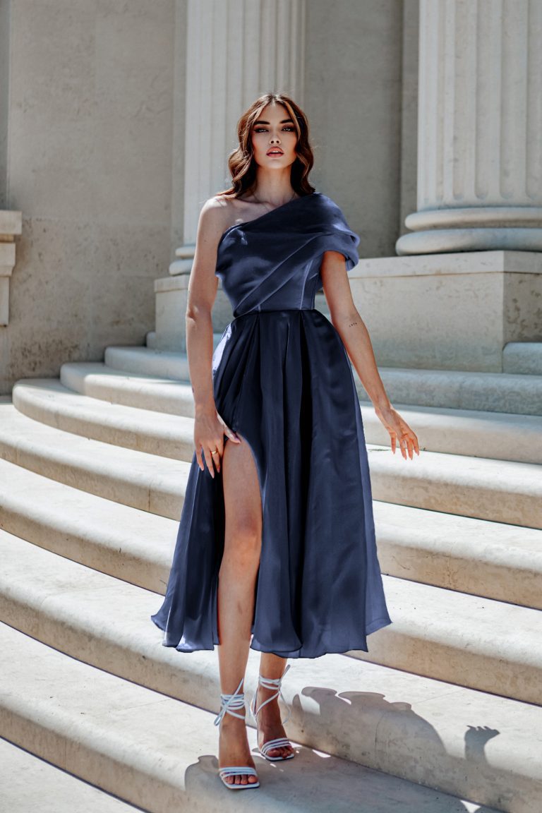 One-Shoulder Tea-Length Organza Formal A-Line Dress - Tina Holly TYTK315