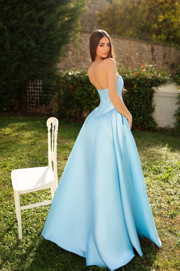 Baby Blue Strapless Floor-Length Mikado Prom Gown with Corset Bodice and Front Slit Formal Dress Tina Holly TK804