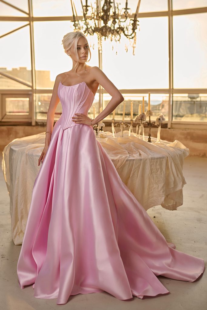 Baby Pink Strapless Floor-Length Mikado Prom Gown with Corset Bodice and Front Slit Formal Dress Tina Holly TK804