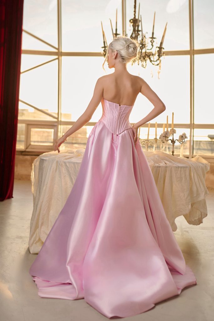 Baby Pink Strapless Floor-Length Mikado Prom Gown with Corset Bodice and Front Slit Formal Dress Tina Holly TK804