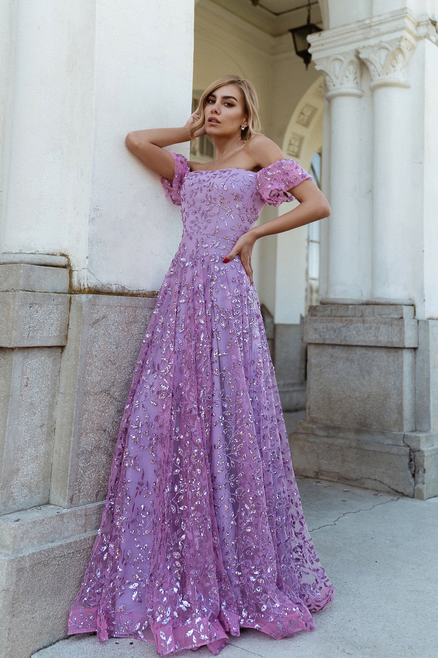 Off-the-Shoulder Floor-Length Sequin Formal A-Line Gown - Tina Holly TYTW023