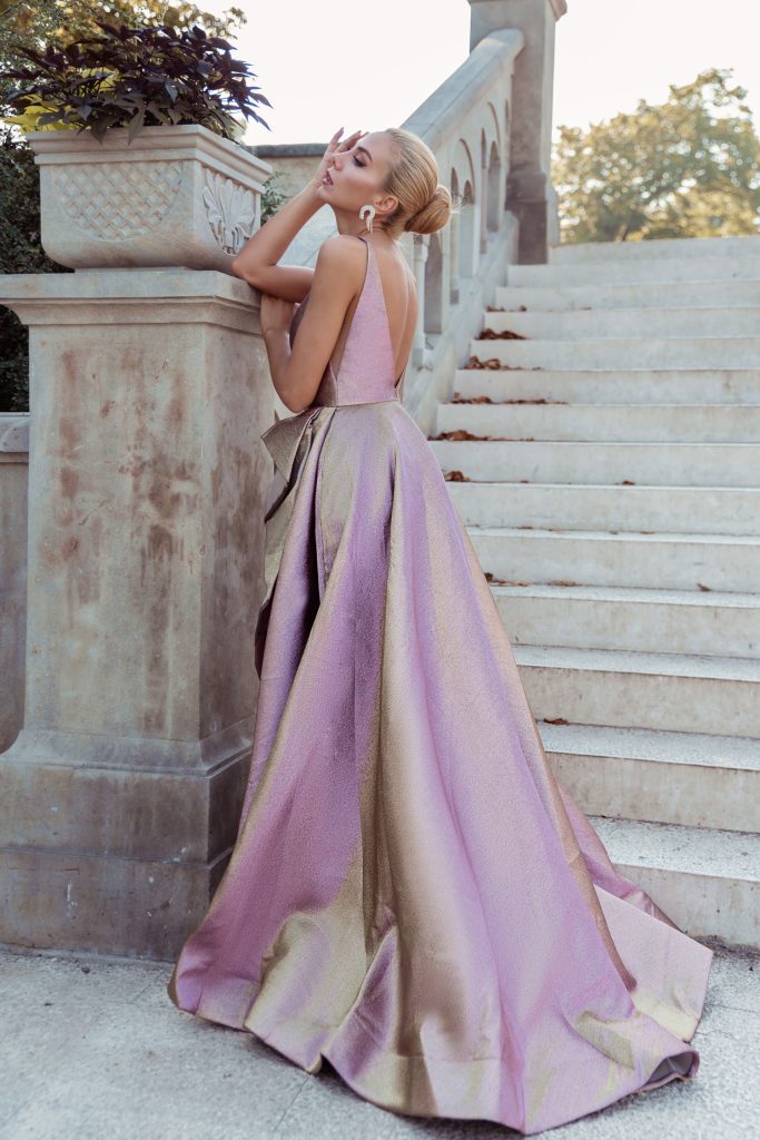 V-Neck Floor-Length Satin Formal A-Line Gown Tina Holly TW070
