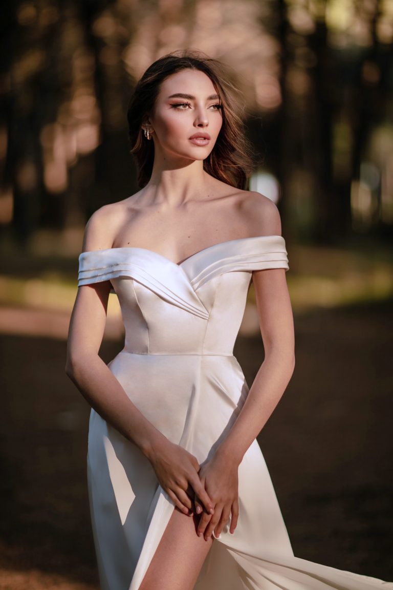 Off-the-Shoulder Floor-Length Satin Wedding A-Line Gown Tina Holly TW101