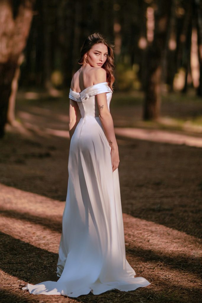 Off-the-Shoulder Floor-Length Satin Wedding A-Line Gown Tina Holly TW101