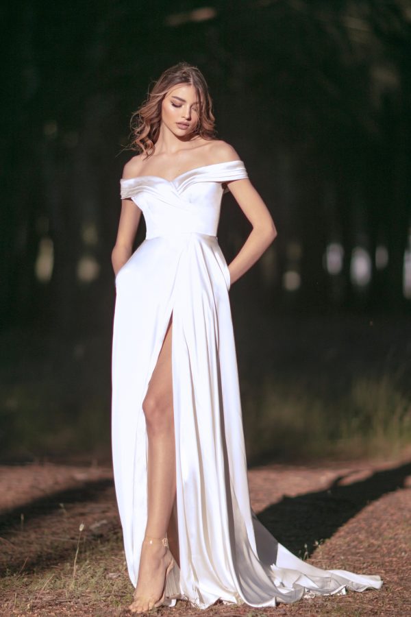 Off-the-Shoulder Floor-Length Satin Wedding A-Line Gown Tina Holly TW101