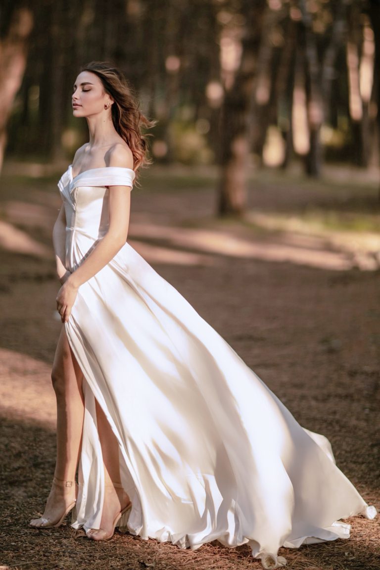 Off-the-Shoulder Floor-Length Satin Wedding A-Line Gown Tina Holly TW101