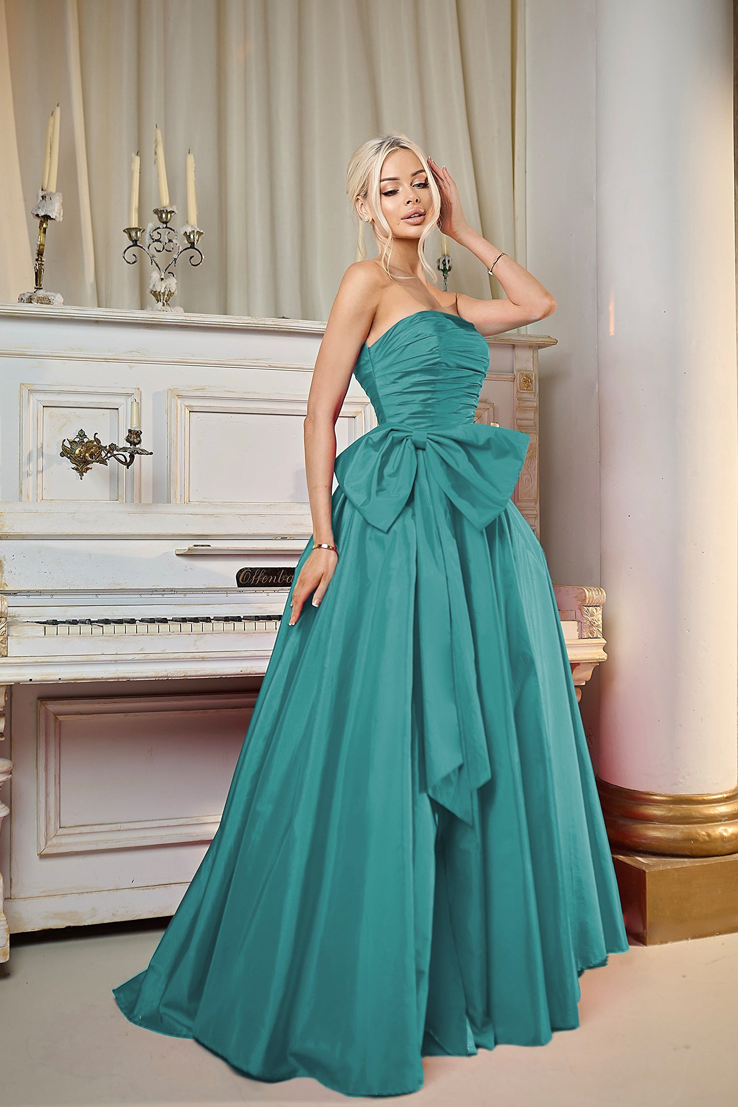 Turquoise Strapless Floor-Length Taffeta Prom Ball Gown with Detachable Bow Tina Holly TW603