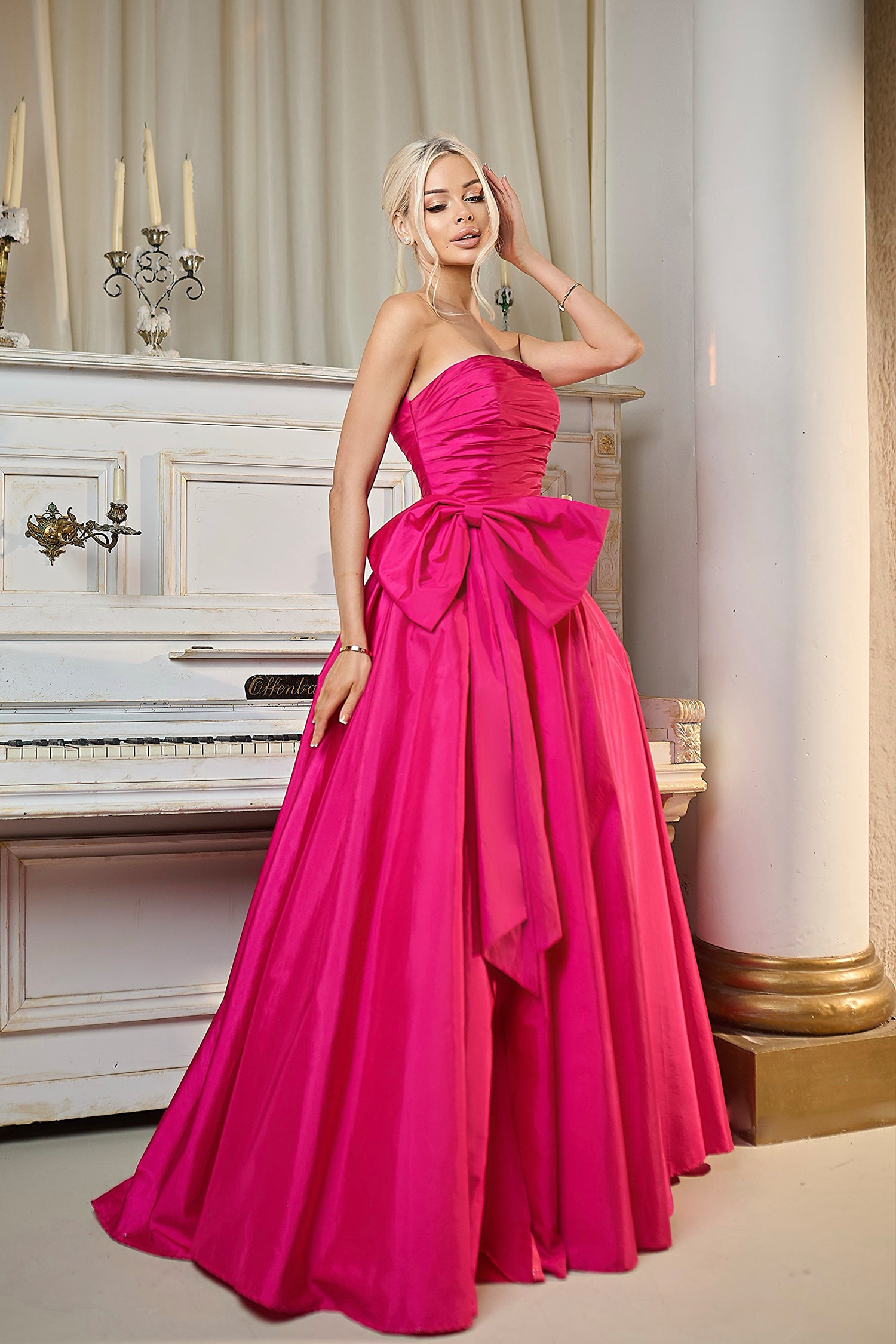 Fuchsia Pink Strapless Floor-Length Taffeta Prom Ball Gown with Detachable Bow Tina Holly TW603