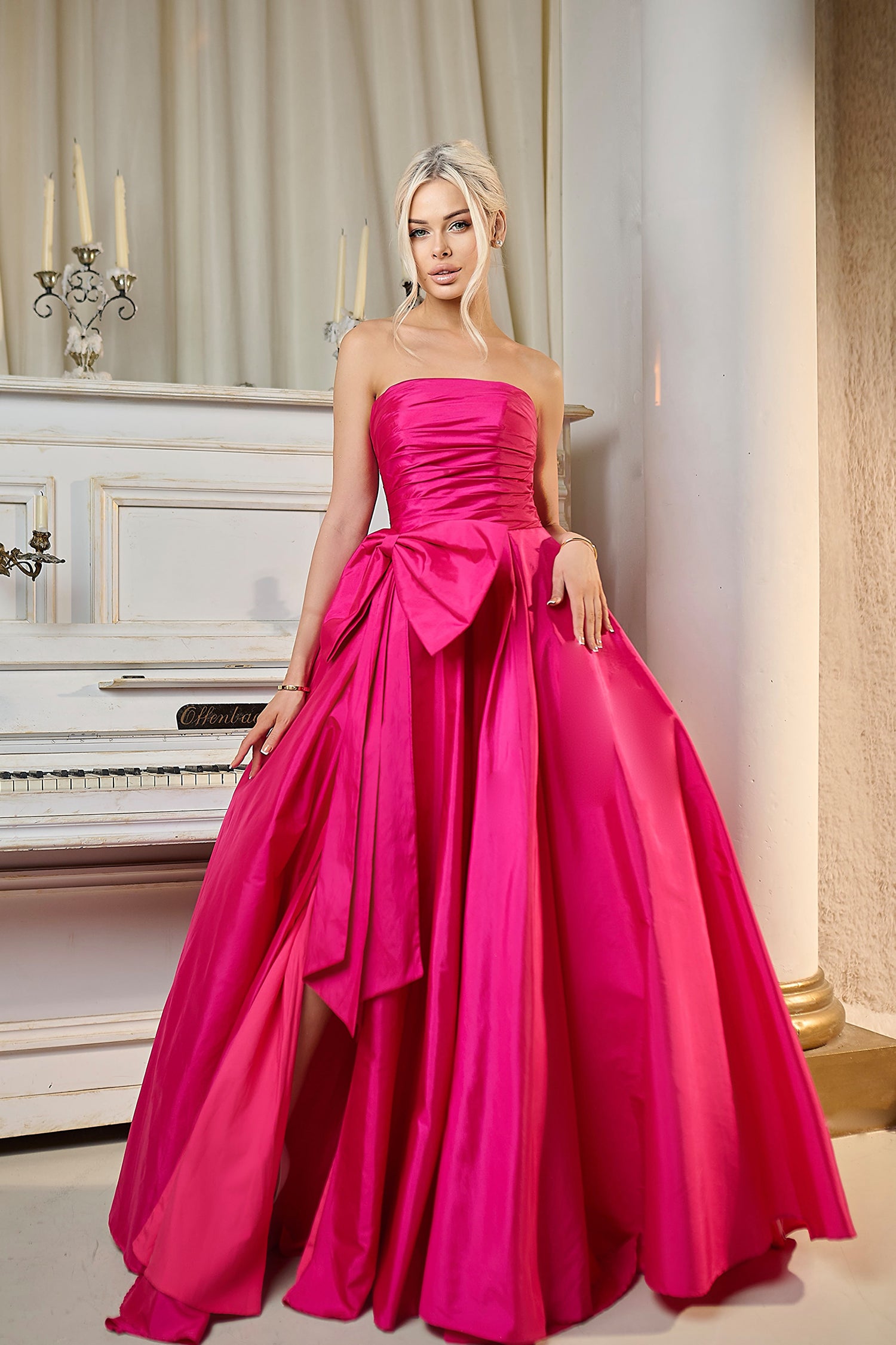 Fuchsia Pink Strapless Floor-Length Taffeta Prom Ball Gown with Detachable Bow Tina Holly TW603