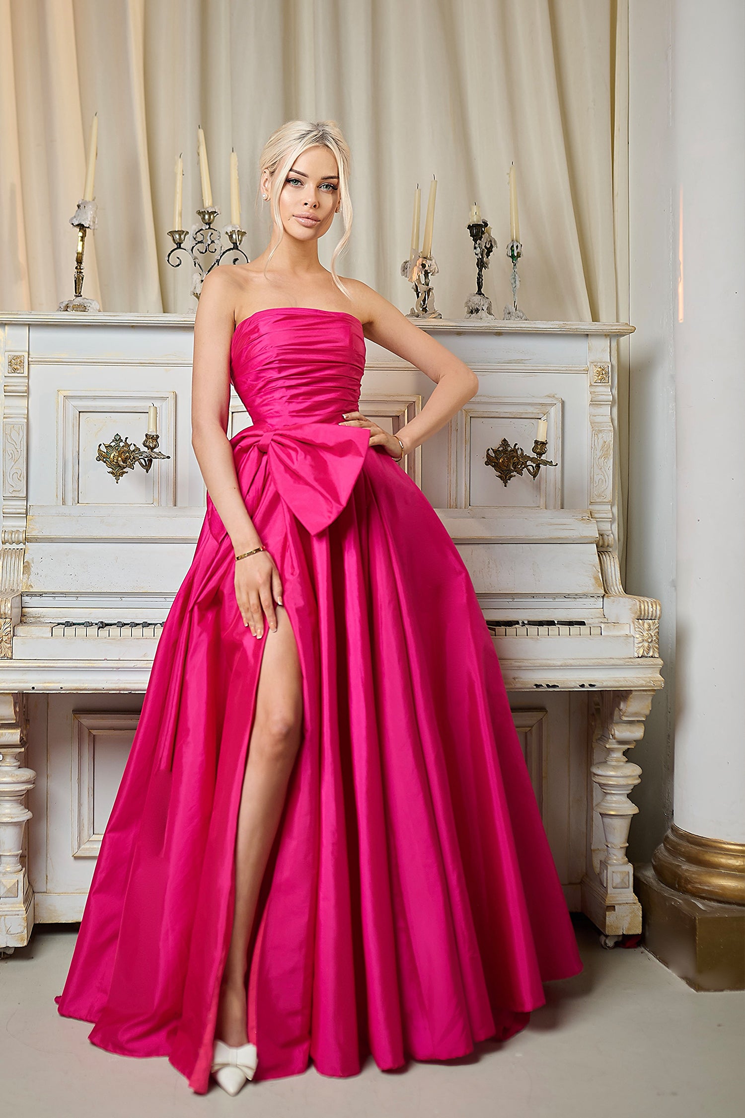Fuchsia Pink Strapless Floor-Length Taffeta Prom Ball Gown with Detachable Bow Tina Holly TW603