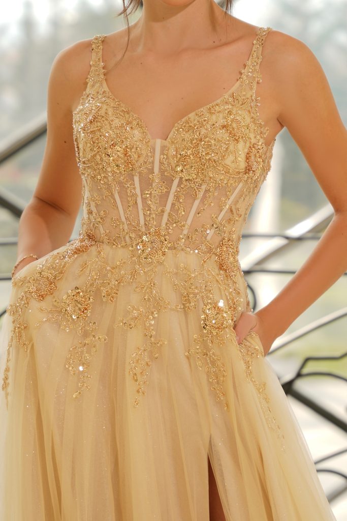 Prom Dresses Long Formal Corset Beaded Prom Dress Champagne Gold