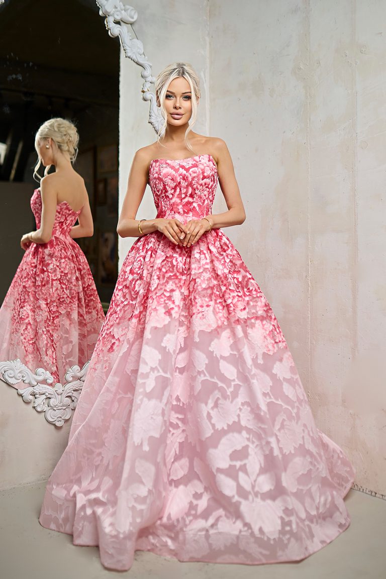 Floral Pink Strapless Floor Length Organza Prom Ball Gown with Floral Jacquard Tina Holly TW624