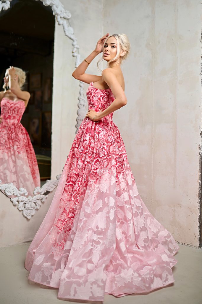 Floral Pink Strapless Floor Length Organza Prom Ball Gown with Floral Jacquard Tina Holly TW624