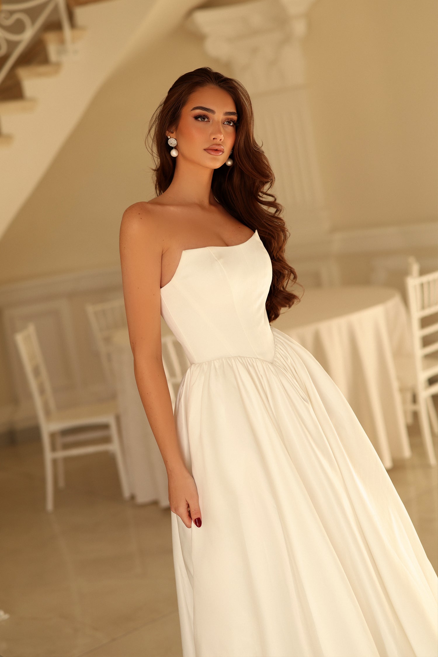 Strapless Straight Neck Floor-Length with Train Satin Wedding Dress A-Line Tina Holly TW622