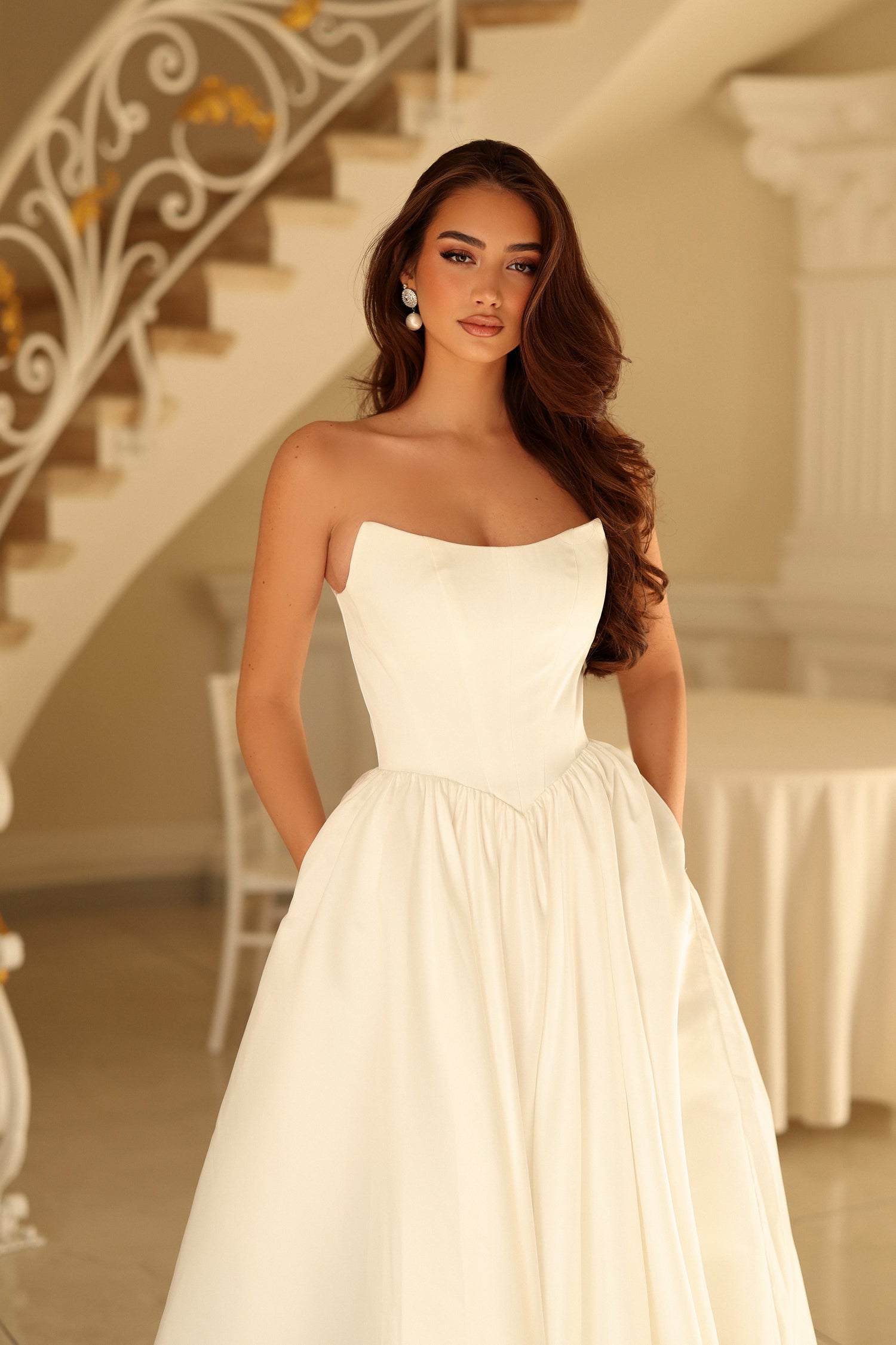 Strapless Straight Neck Floor-Length with Train Satin Wedding Dress A-Line Tina Holly TW622