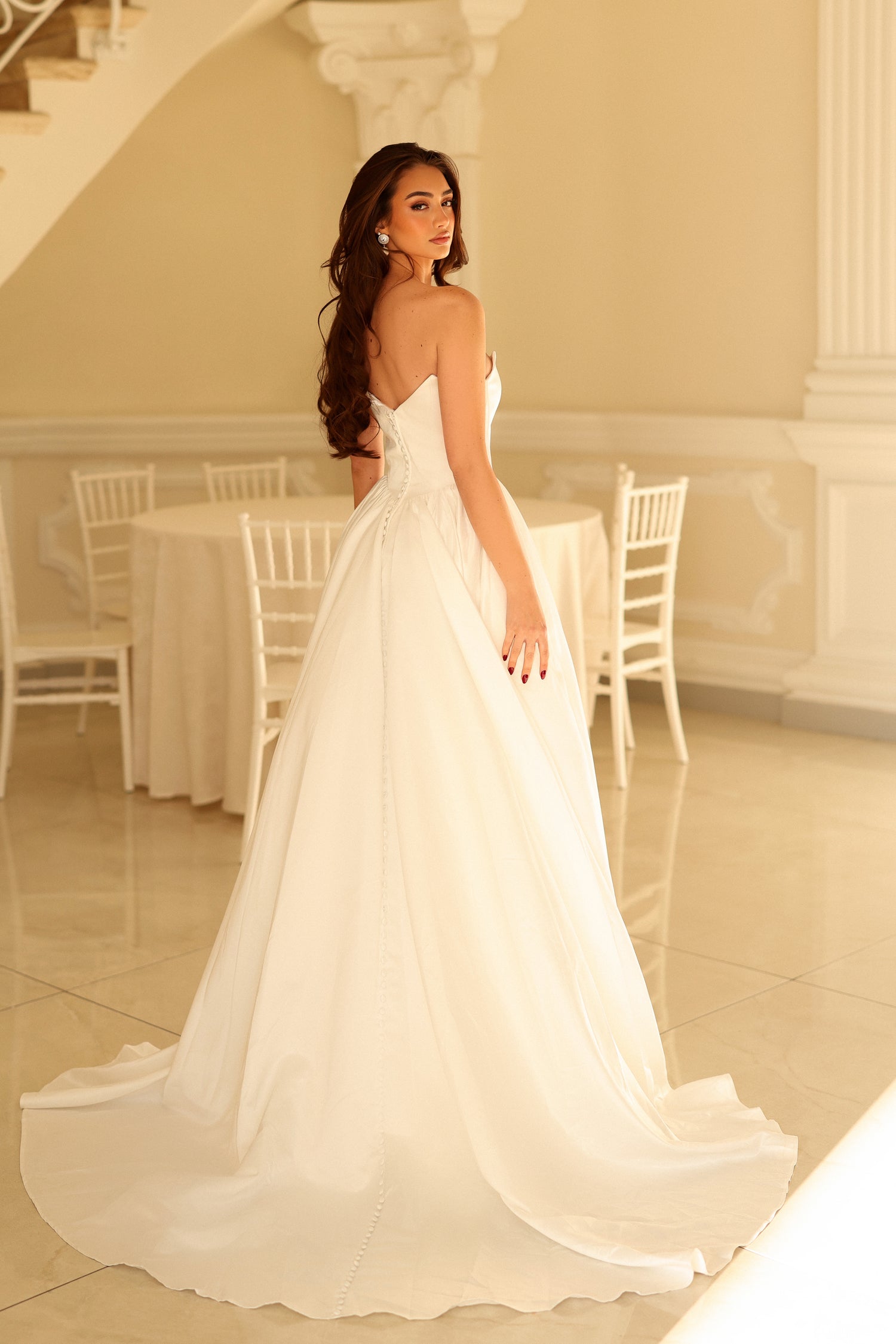 Strapless Straight Neck Floor-Length with Train Satin Wedding Dress A-Line Tina Holly TW622