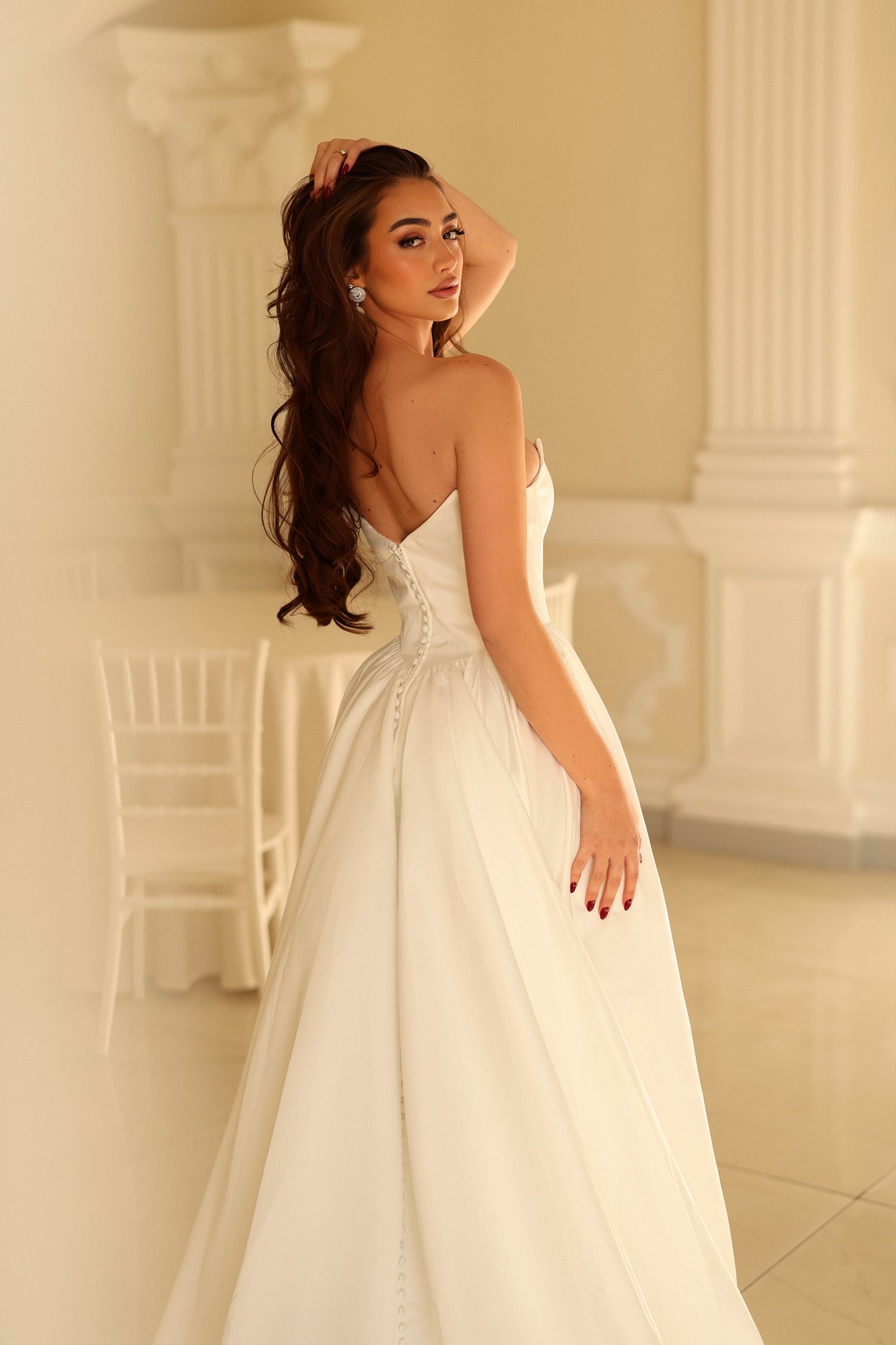 Strapless Straight Neck Floor-Length with Train Satin Wedding Dress A-Line Tina Holly TW622