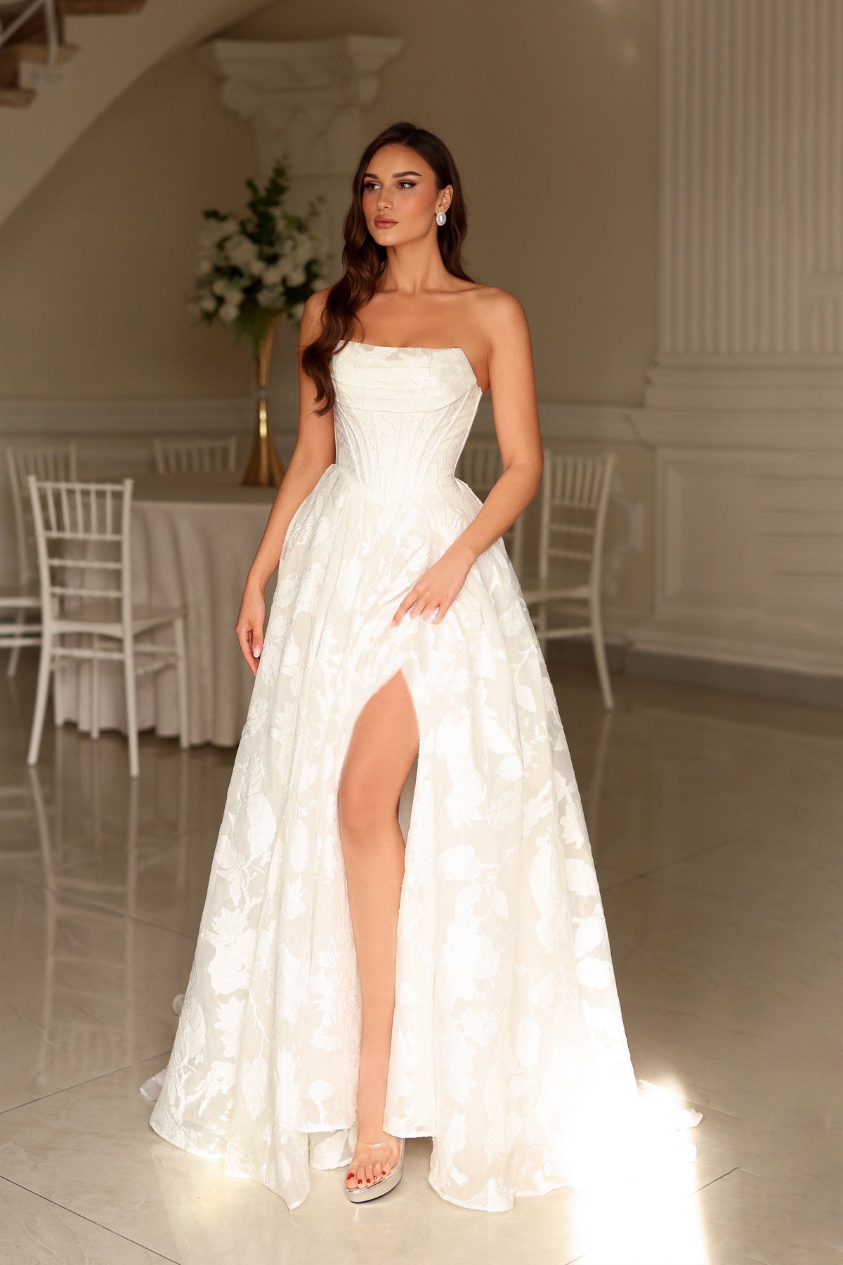 Strapless Straight Neck Floor-Length with Train Lace Wedding Dress A-Line Tina Holly TW623