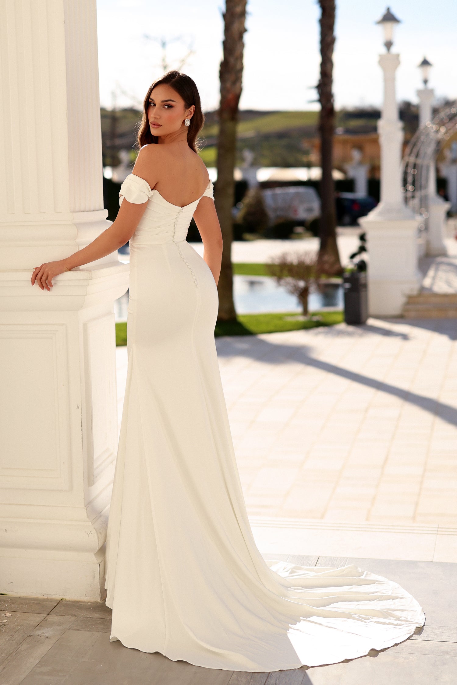 Off-the-Shoulder Floor-Length Crepe Wedding Dress Sheath/Column Tina Holly TW628