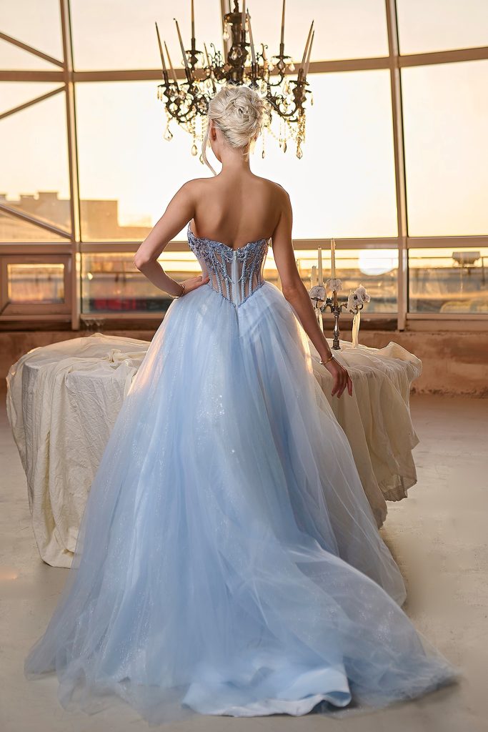 Light Blue Strapless Floor-Length Tulle Prom Gown with Corset Back Formal Dress Tina Holly TE708