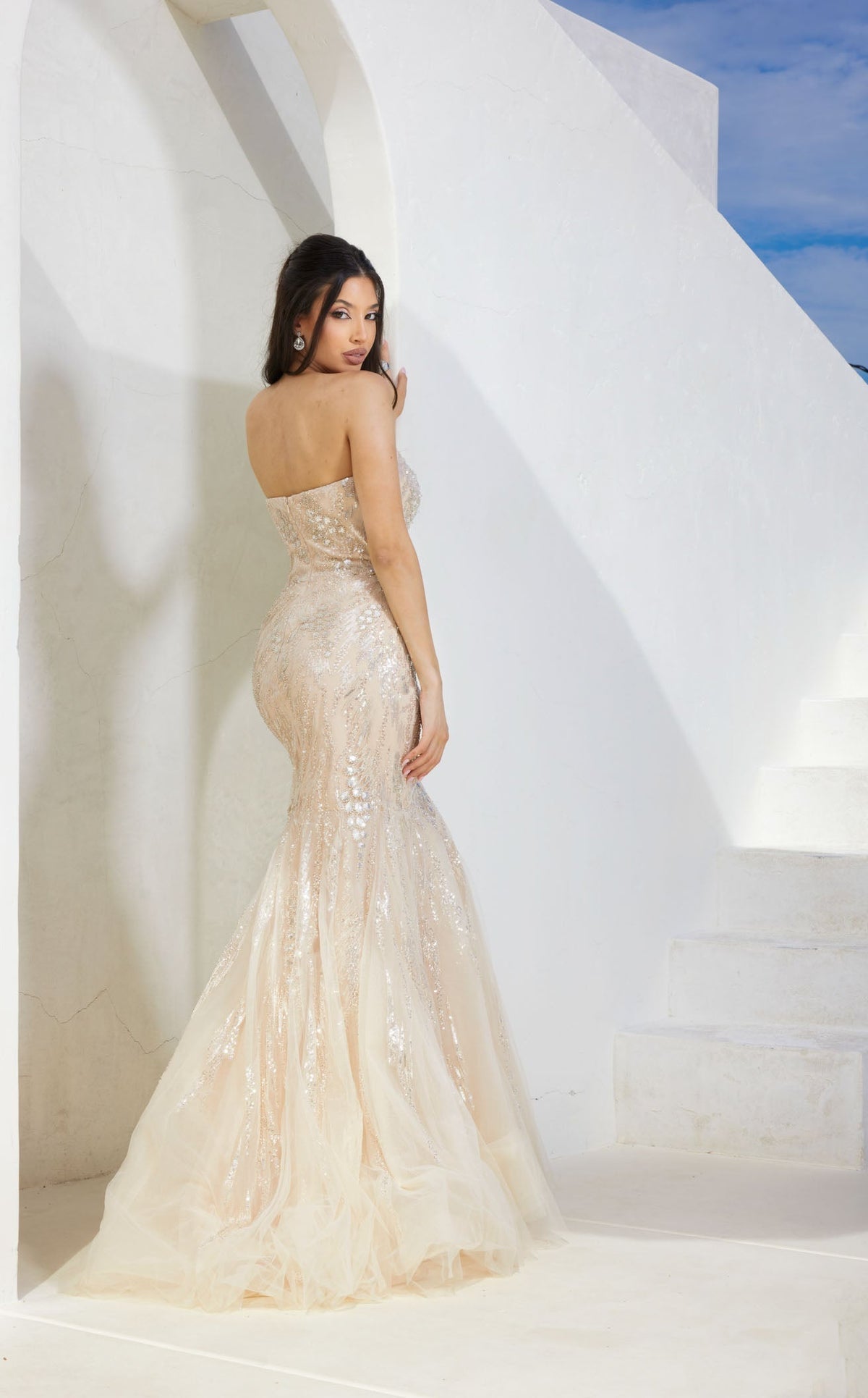 Prom Dresses Fitted Formal Beaded Long Prom Dress Champagne