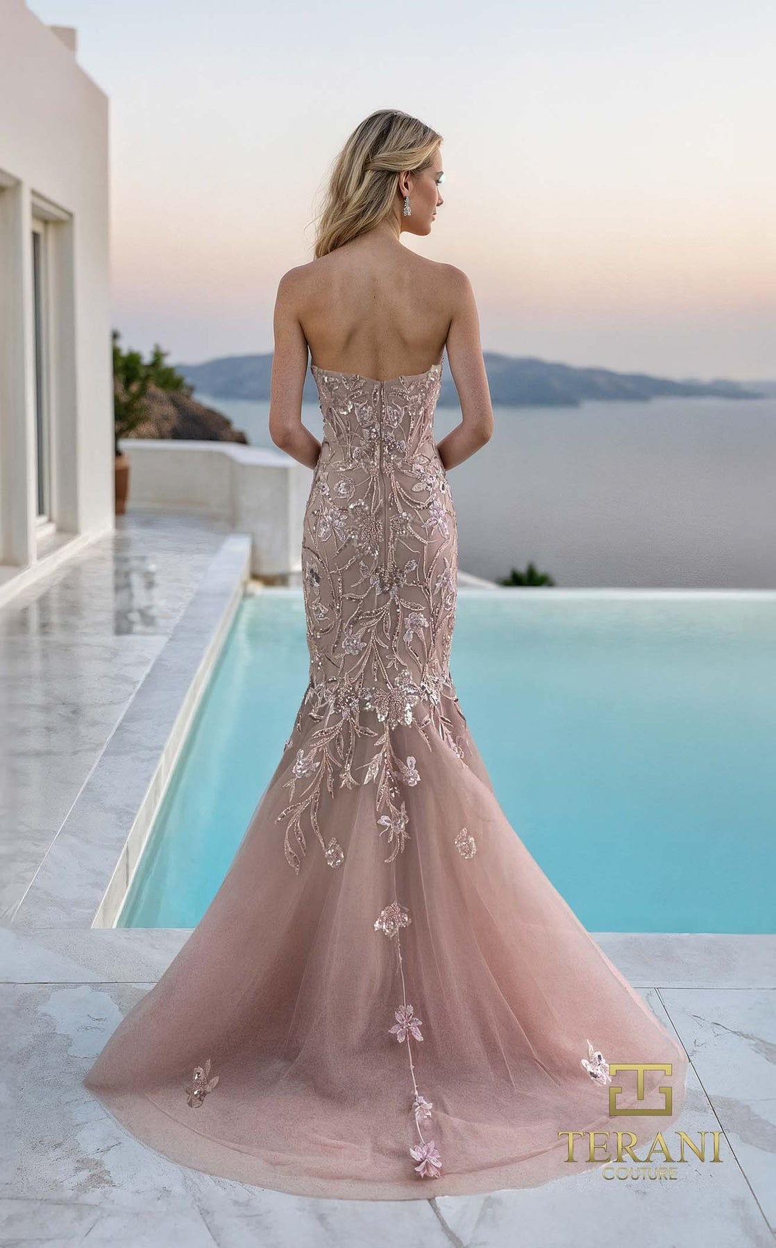 Prom Dresses Mermaid Long Formal Beaded Floral Applique Prom Dress BLUSH
