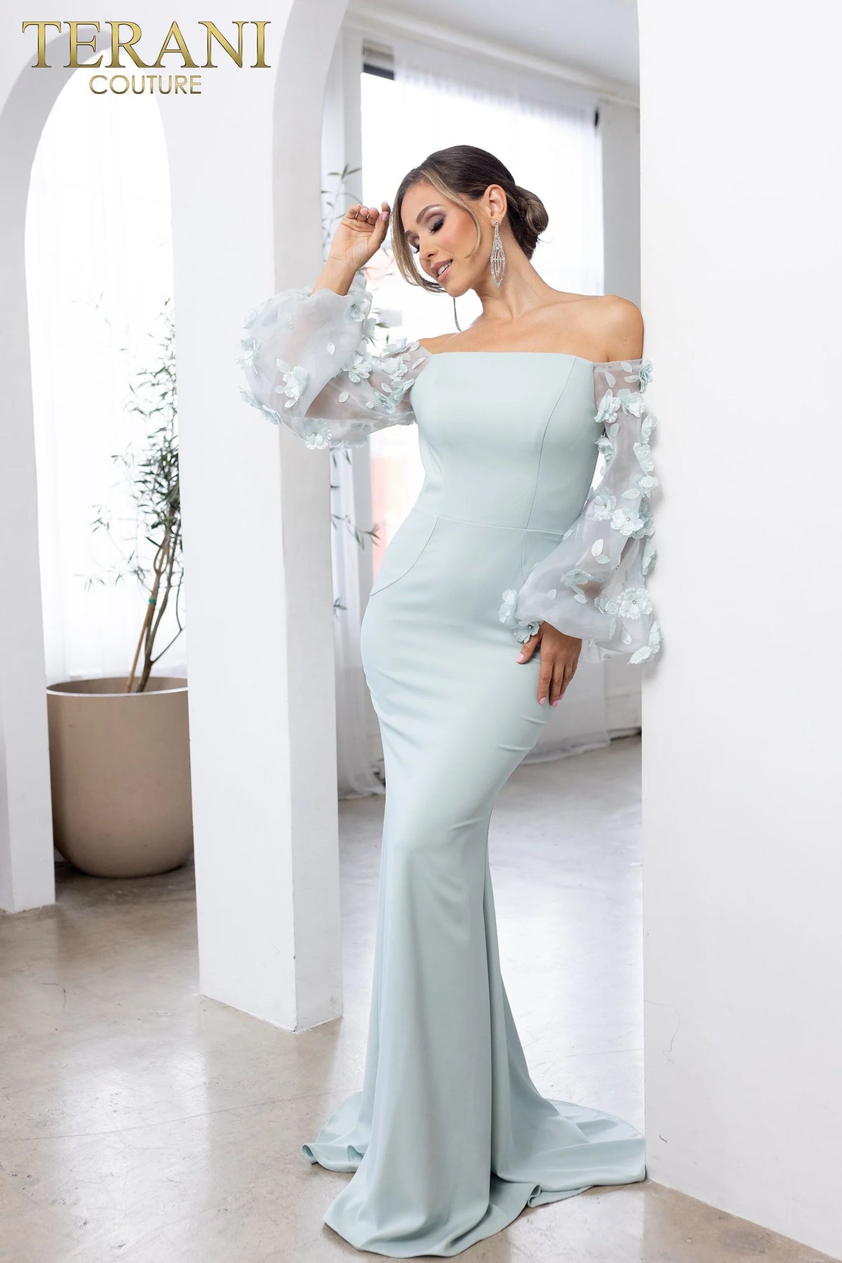 Terani Couture 1911E9128 Organza Sleeves Formal Dress Mint