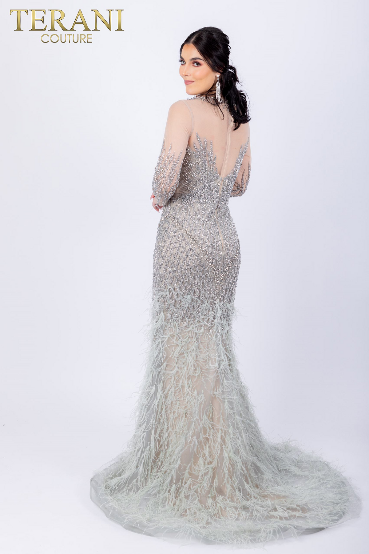 Formal Dresses Long Sleeve Mermaid Beaded Formal Dress Sage Silver