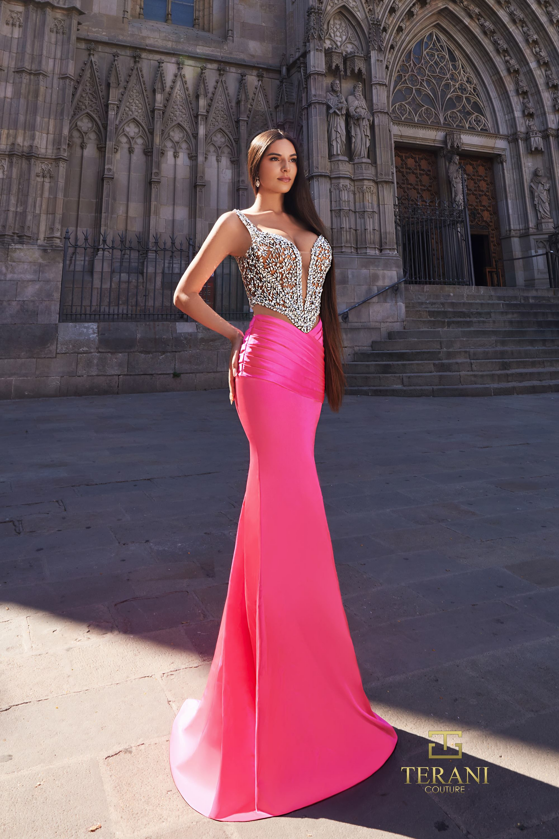 Prom Dresses Beaded Prom Long Pleated Formal Dress BRIGHT PINK