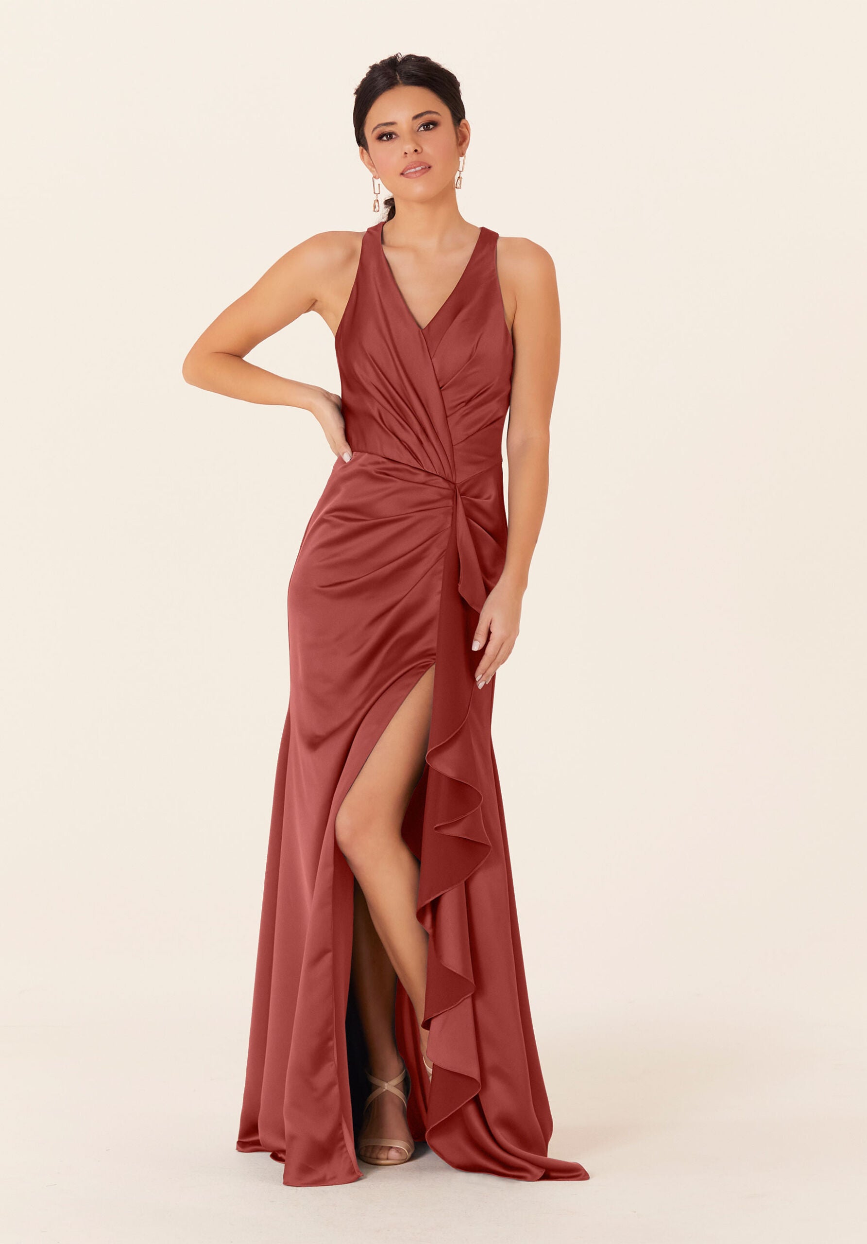 Formal Dresses Long Formal Ruffle Slit Dress Terracotta-Satin-21831-Ruffle
