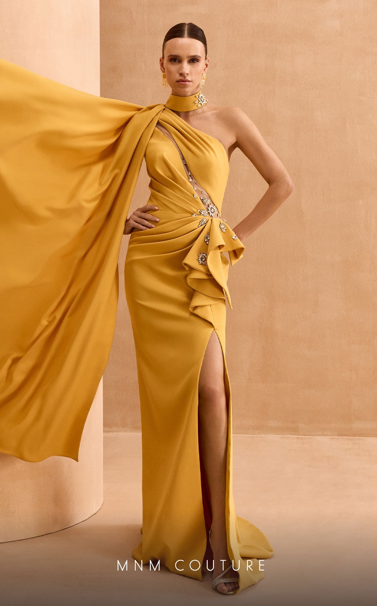Formal Dresses Fitted Long Formal Slit Pleated Evening Dress Mustard