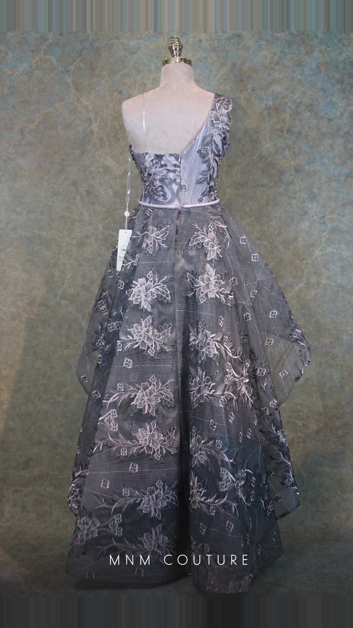 MNM Couture Embroidered One-Shoulder Column Gown with Overskirt V6418