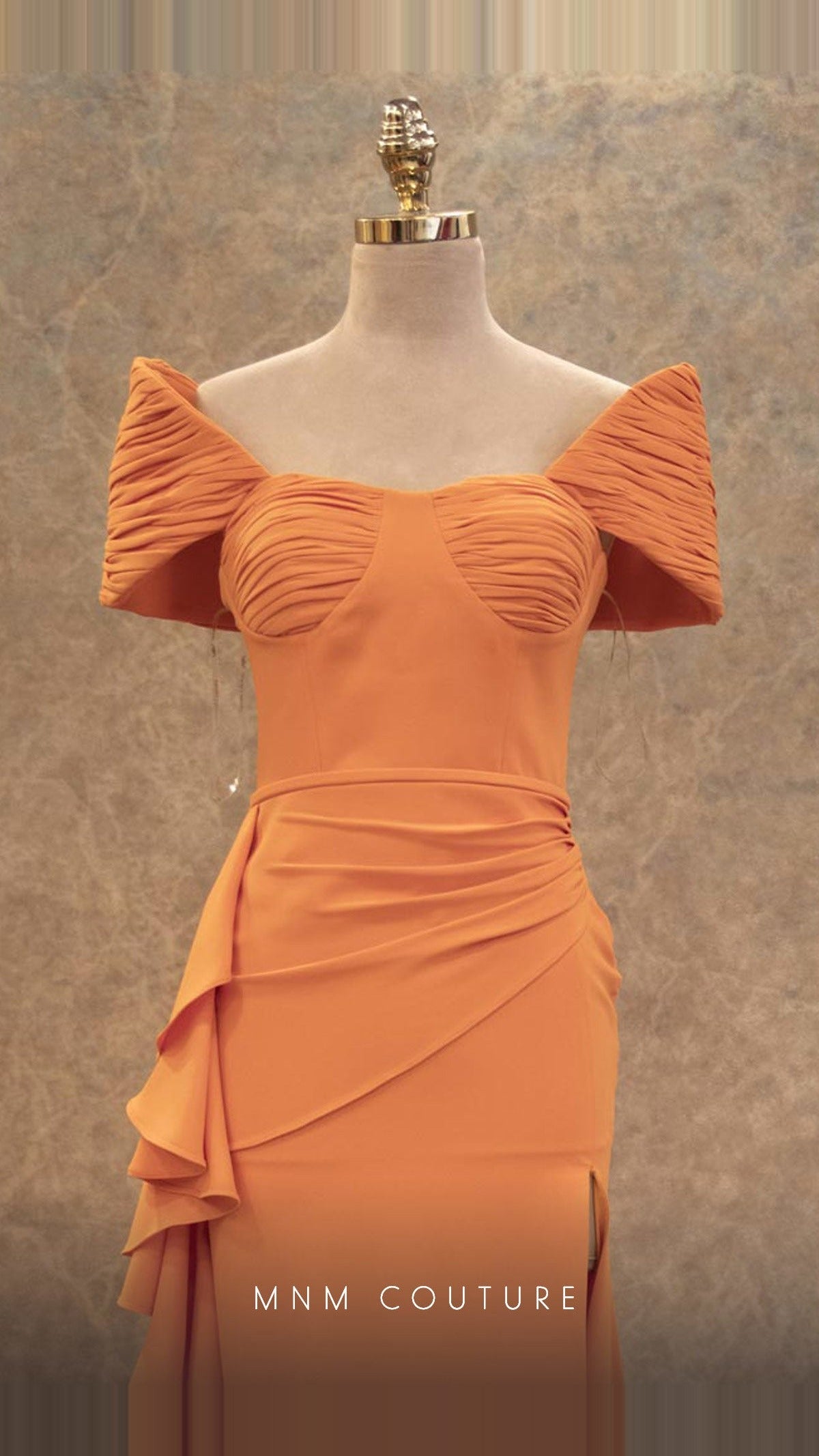 MNM Couture Off-Shoulder Pleated-Sleeve Crepe Column Gown V6549