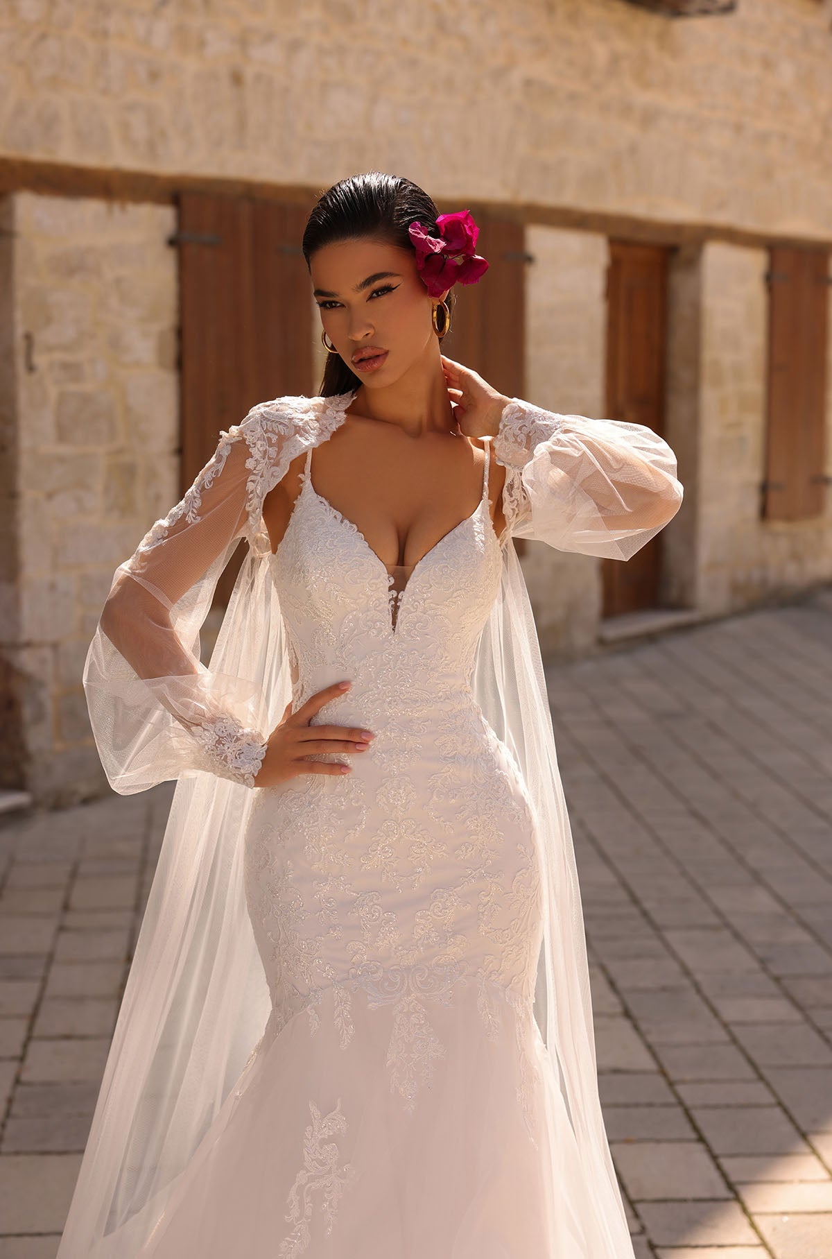 Wedding Dresses Long Sleeve Cape Fitted Wedding Dress Amarra 84216 Ivory/Ivory