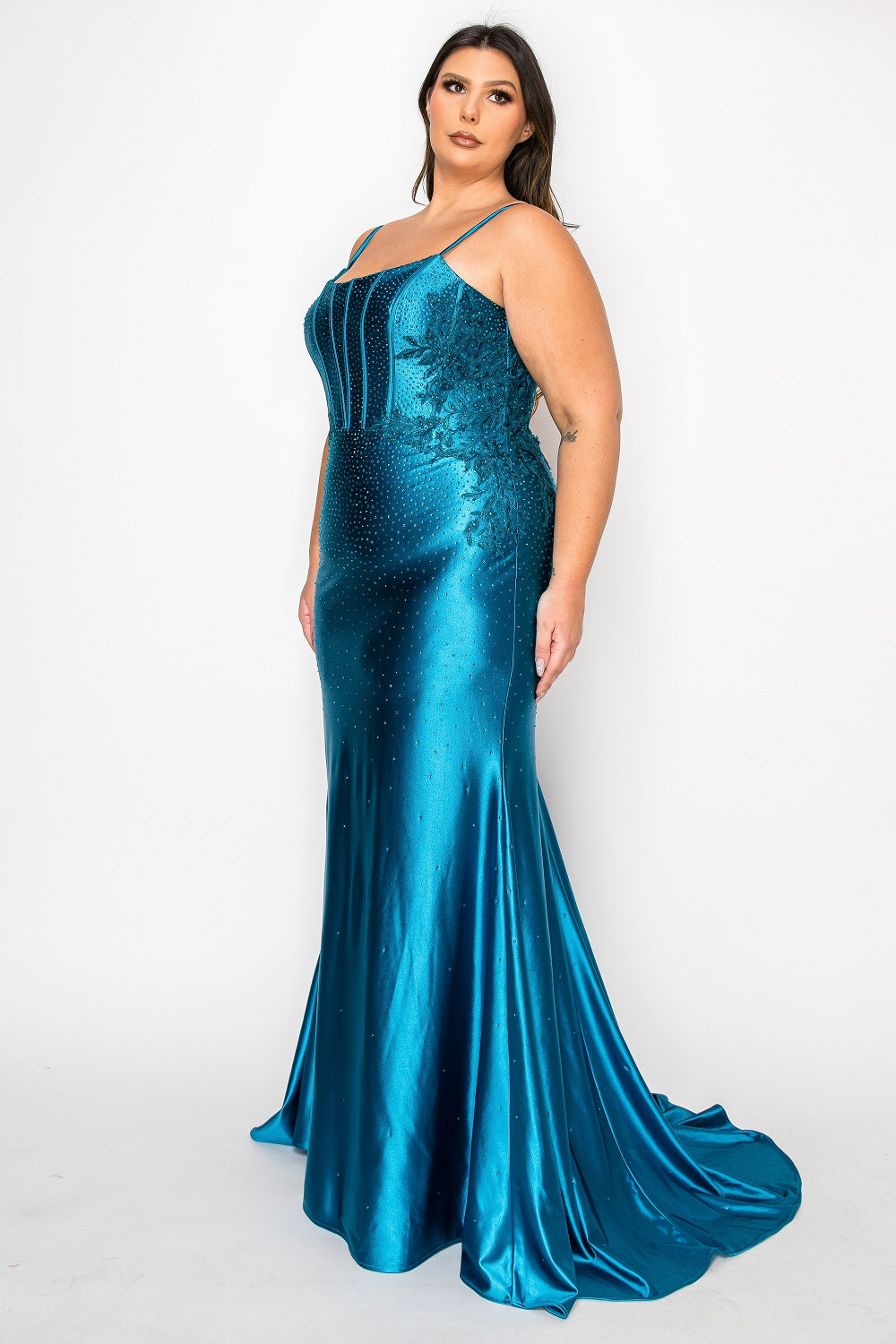 Teal Scoop Neck Floor Length Satin Prom Dress with Rhinestone Embellishments Poly USA W1164