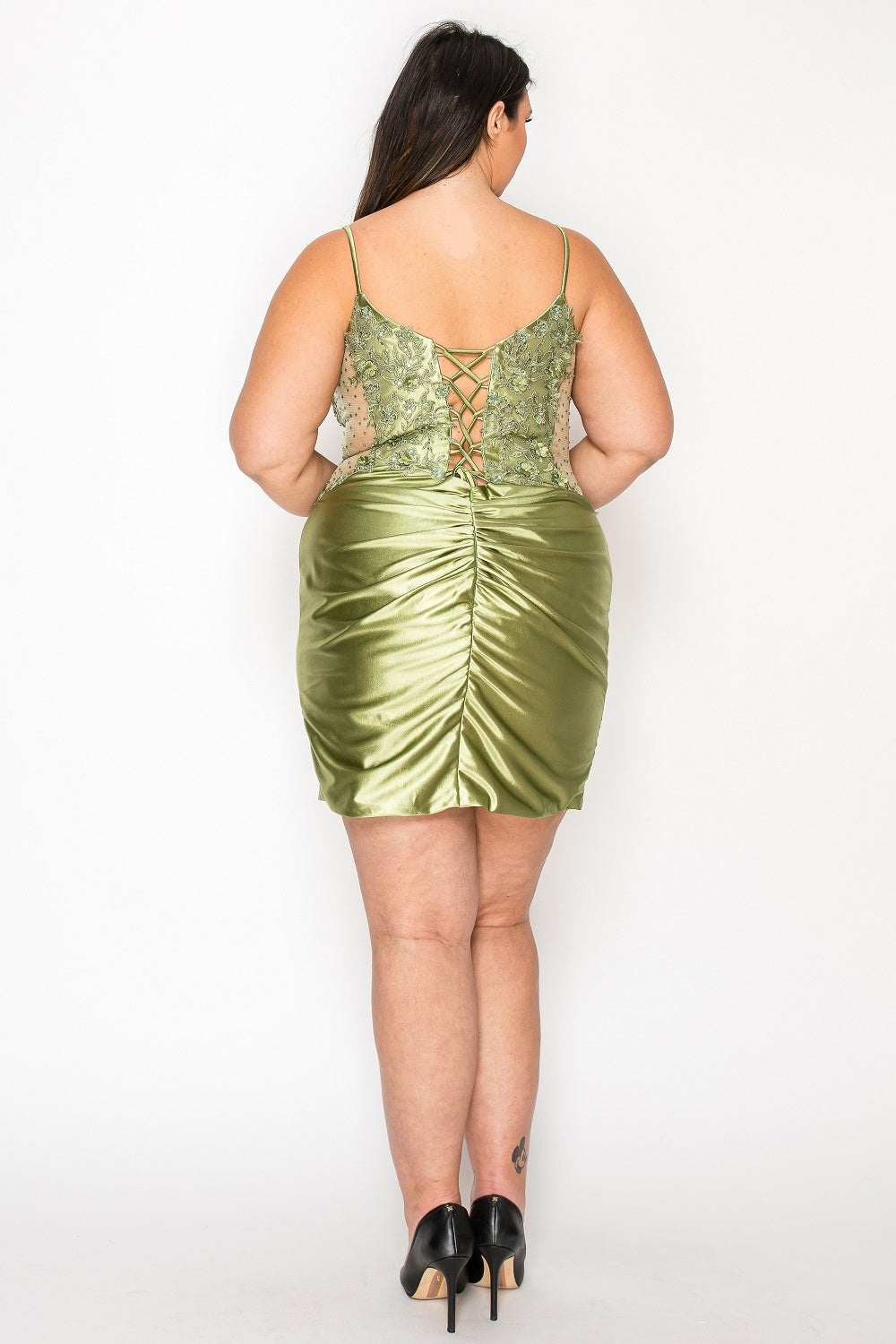 Sage Sweetheart Mini Satin Homecoming Dress with Beaded Embroidery Bodice Poly USA W1176