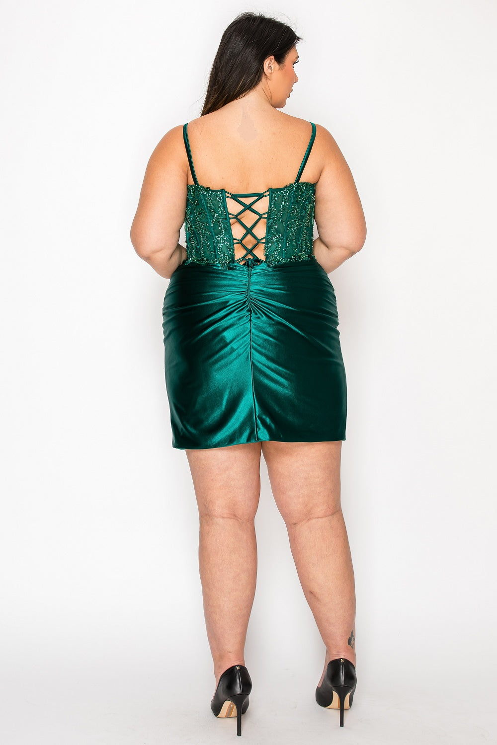 Green Sweetheart Mini Satin Homecoming Dress with Beaded Bodice and Side Slit Poly USA W1178