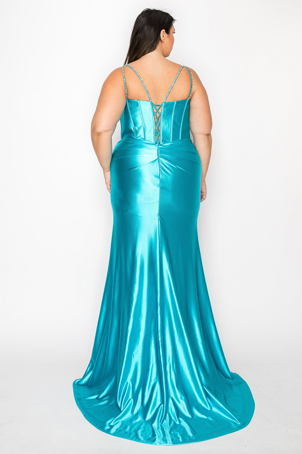 Turquoise Sweetheart Floor Length Satin Prom Dress with Corset Bodice and High Slit Poly USA W1180