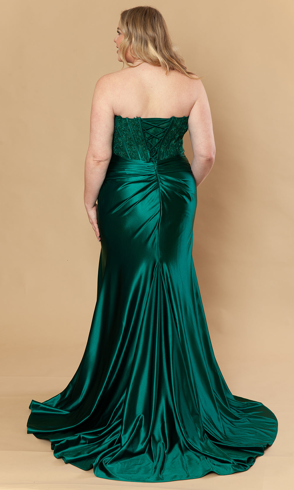 Emerald Strapless Floor-Length Satin Prom Gown with Lace Corset Poly USA W1228
