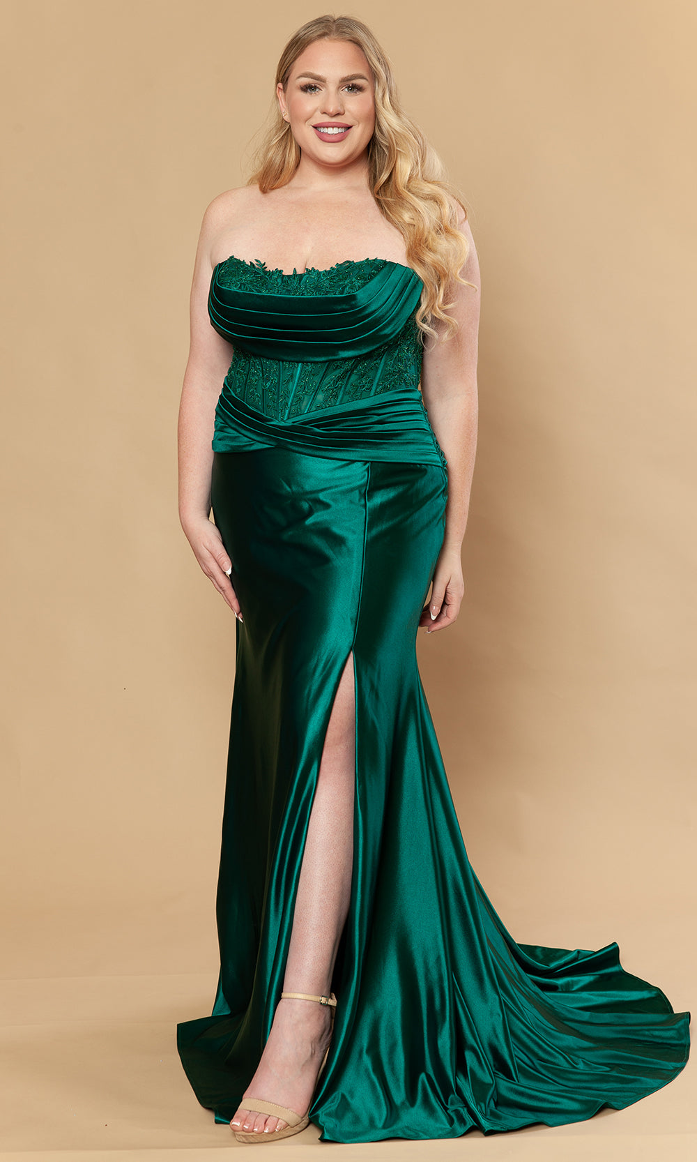 Emerald Strapless Floor-Length Satin Prom Gown with Lace Corset Poly USA W1228