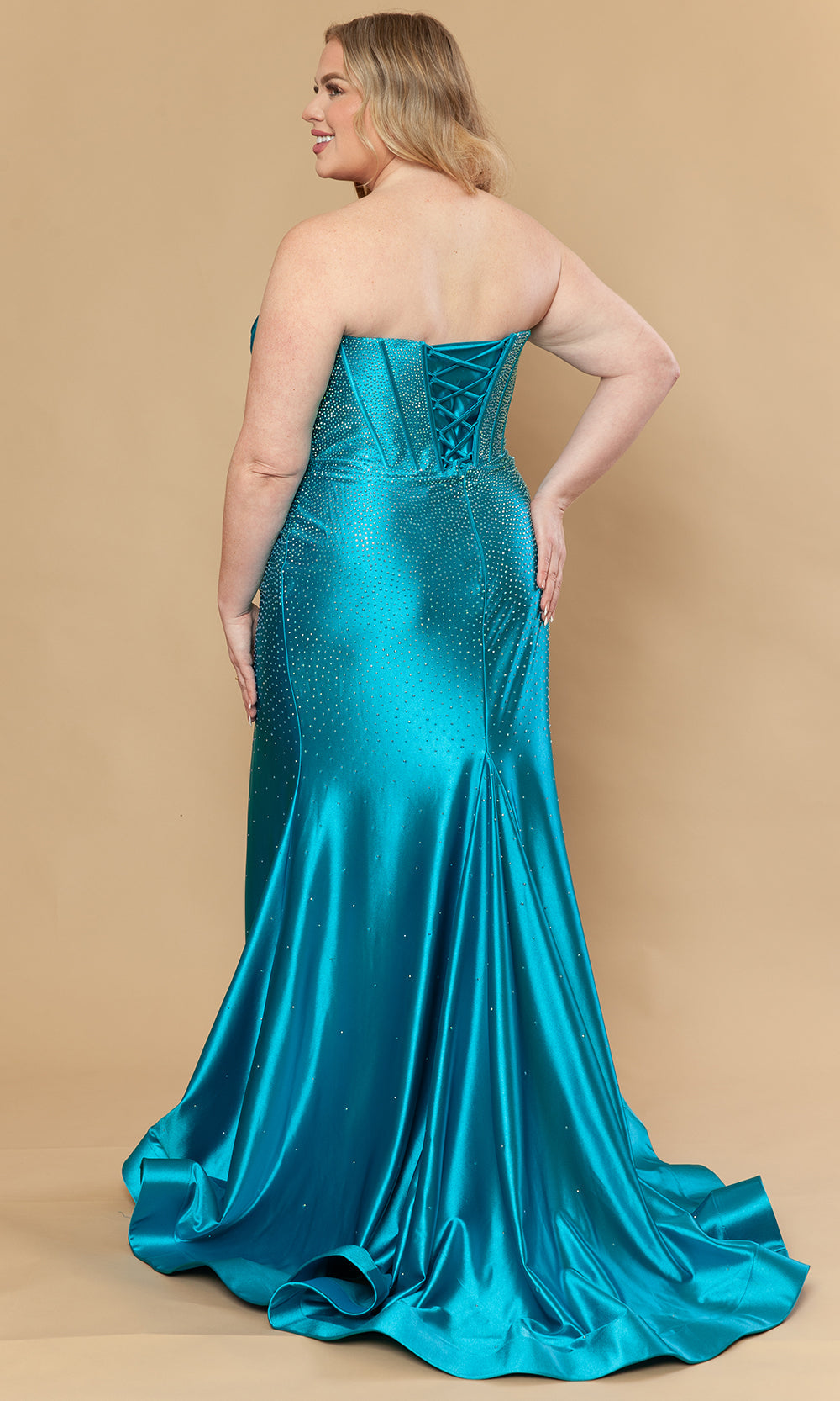 Turquoise Straight-Across Floor-Length Poly Span Satin Prom Gown with Scattered Rhinestones Poly USA W1232