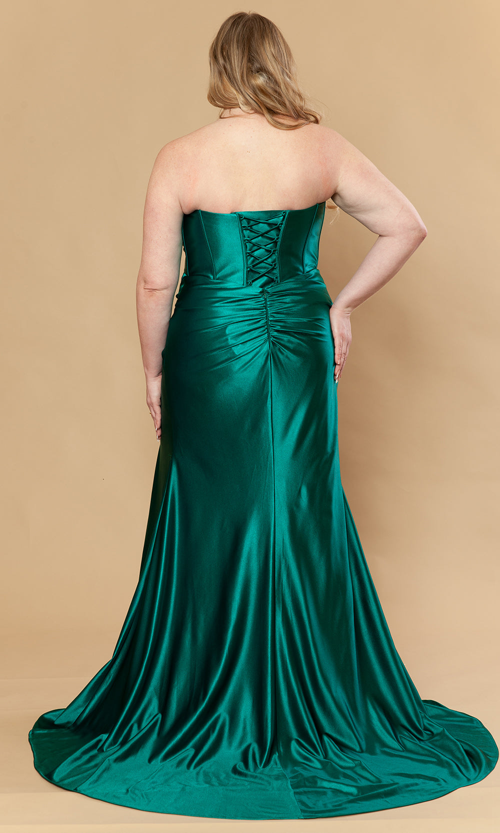 Emerald Straight-Across Floor-Length Poly Span Satin Evening Gown with Corset Bodice Poly USA W1240