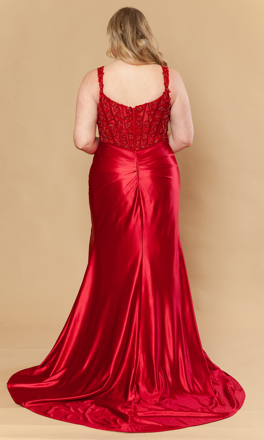 Red Wine V-Neck Floor-Length Poly Span Satin Prom Gown with Beaded Lace Poly USA W1246